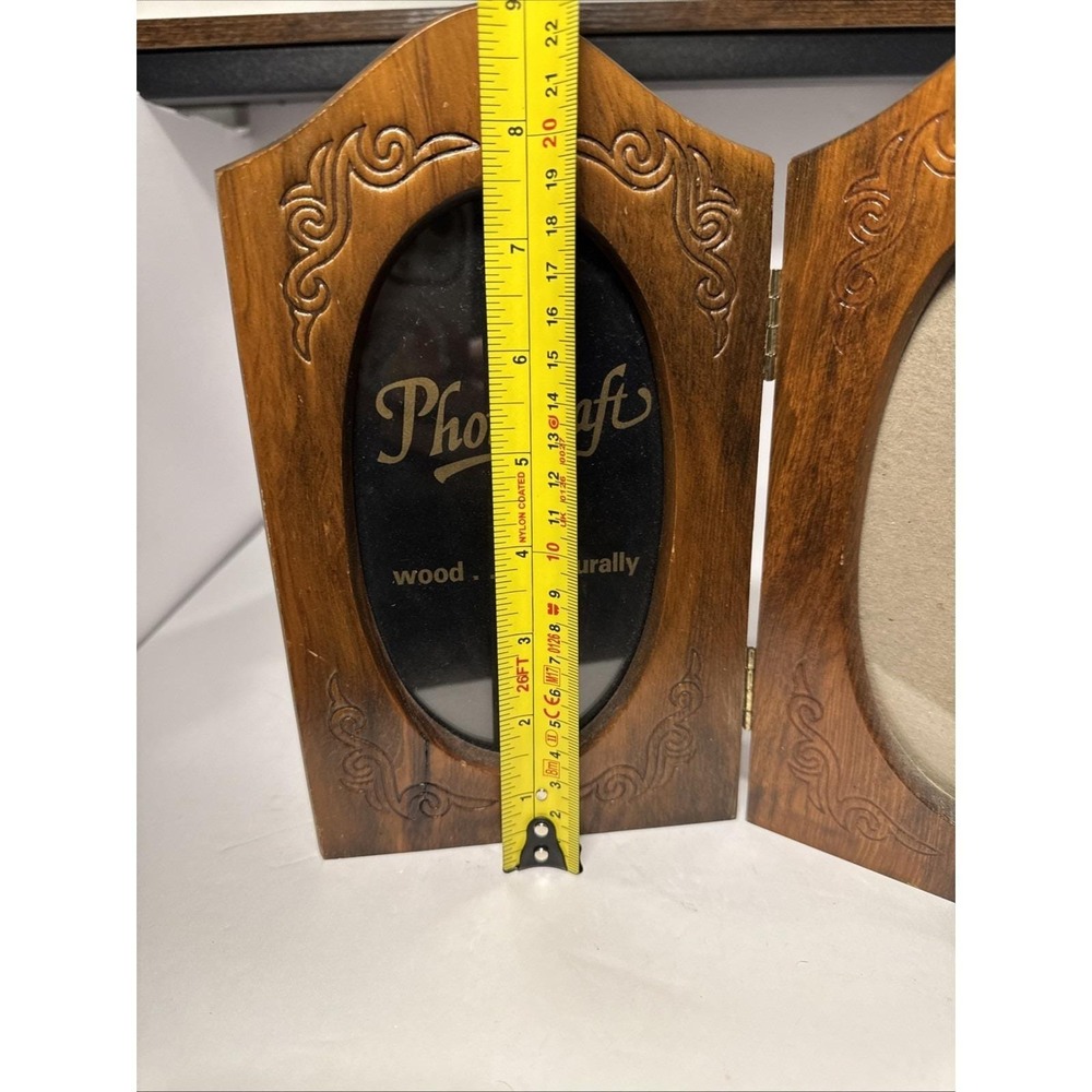 VTG Country Oval Wood Double Picture Frame Photocraft Natural Carved Bifold 9x10 - Picture 6 of 8